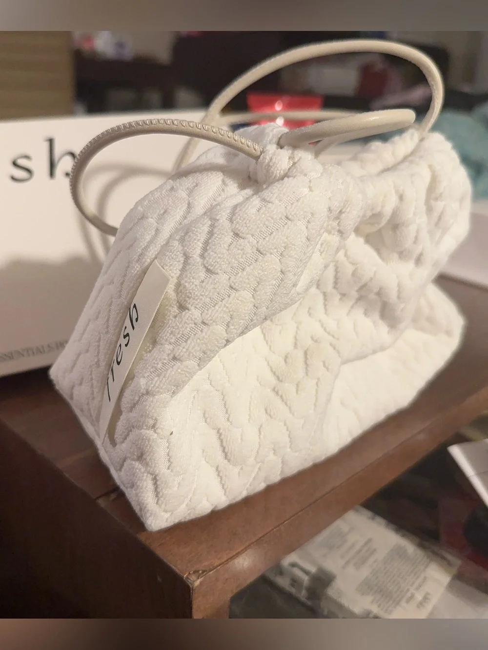 fresh cosmetics Large White Quilted Drawstring Top-Handle Drawstring Bag